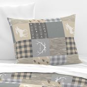 Rustic Woodland Wholecloth Patchwork Quilt - tan and grey - light linen texture  Rotated Moose