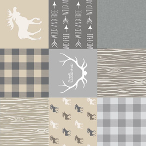 Rustic Woodland Wholecloth Patchwork Quilt - tan and grey - light linen texture  Rotated Moose