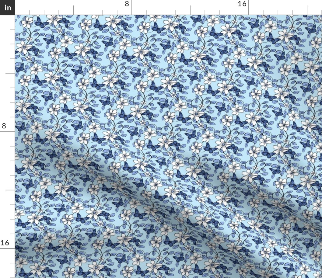 Flowers & Flutters / Vines & Butterflies  2 Classic Blue Tiny Quilt Print  