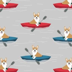 corgis in kayaks fabric cute outdoors dog fabric - grey