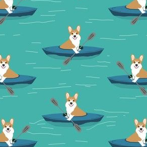 corgis in kayaks fabric cute outdoors dog fabric - turquoise