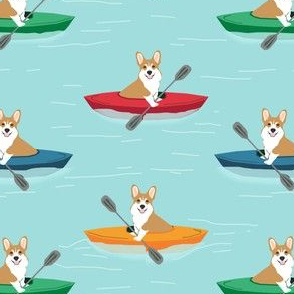 corgis in kayaks fabric cute outdoors dog fabric - blue tint