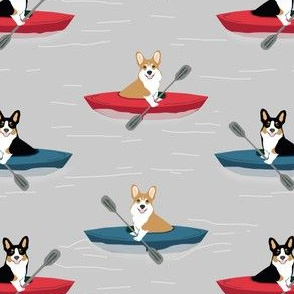 corgis in kayaks fabric cute outdoors dog fabric tricolored corgis - grey