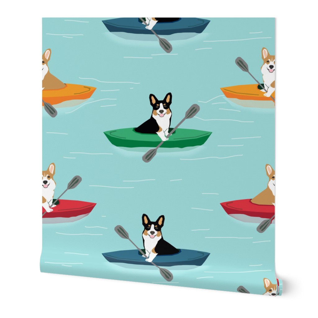 corgis in kayaks fabric cute outdoors dog fabric tricolored corgis - blue tint