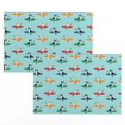 corgis in kayaks fabric cute outdoors dog fabric tricolored corgis - blue tint