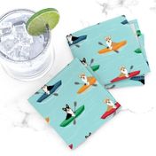 corgis in kayaks fabric cute outdoors dog fabric tricolored corgis - blue tint