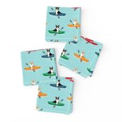 corgis in kayaks fabric cute outdoors dog fabric tricolored corgis - blue tint