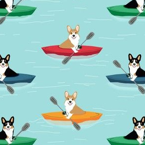 corgis in kayaks fabric cute outdoors dog fabric tricolored corgis - blue tint