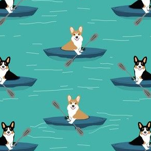 corgis in kayaks fabric cute outdoors dog fabric tricolored corgis - turquoise