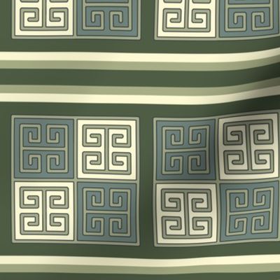 Bayeux Greek Key Green and Linen Stripe