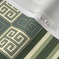 Bayeux Greek Key Green and Linen Stripe