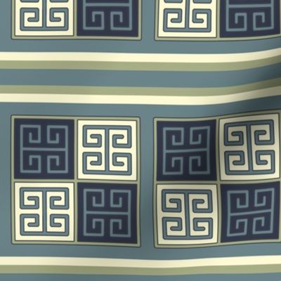 Bayeux Greek Key Blue and Linen Stripe