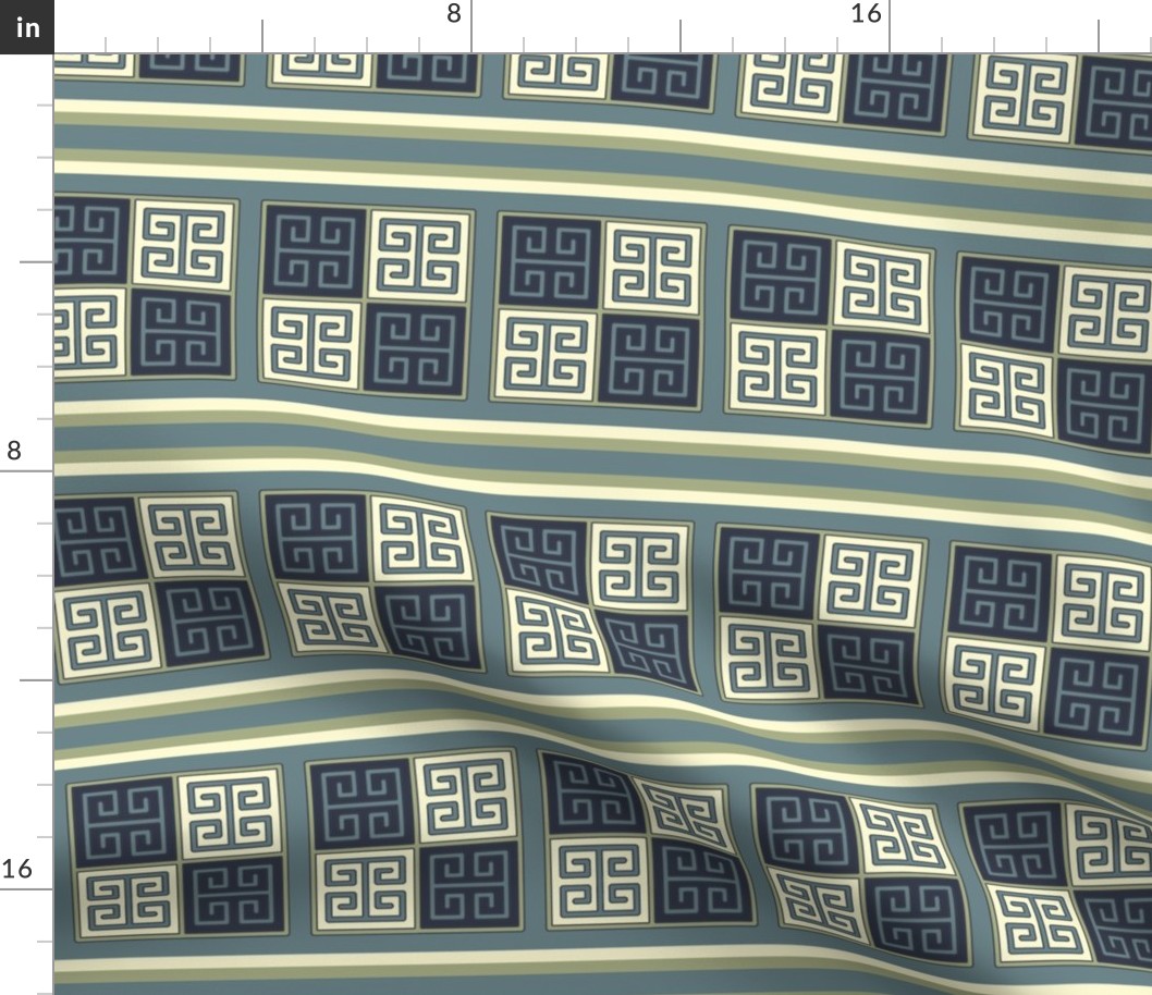 Bayeux Greek Key Blue and Linen Stripe