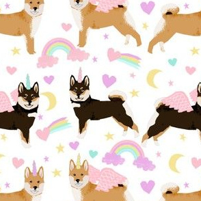 shiba inu dog fabric cute pastel unicorn and rainbows dog unicorn fabric - white