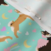 shiba inu dog fabric cute pastel unicorn and rainbows dog unicorn fabric - aqua