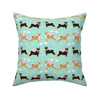 shiba inu dog fabric cute pastel unicorn and rainbows dog unicorn fabric - aqua