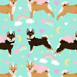 shiba inu dog fabric cute pastel unicorn and rainbows dog unicorn fabric - aqua