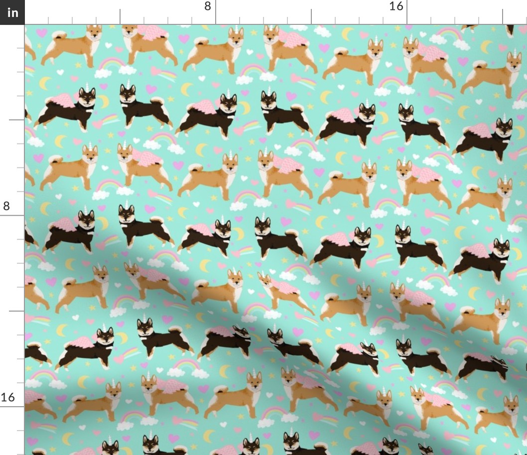 shiba inu dog fabric cute pastel unicorn and rainbows dog unicorn fabric - aqua