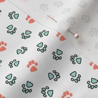 Tiny kitty cat paw prints - mint and coral on white