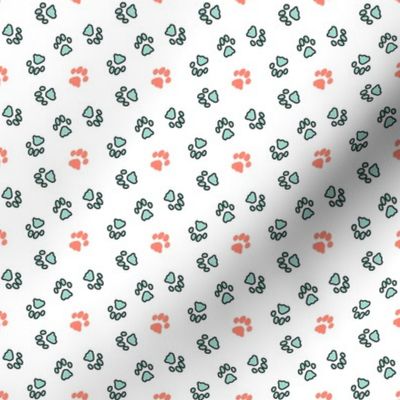 Tiny kitty cat paw prints - mint and coral on white