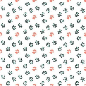 Tiny kitty cat paw prints - mint and coral on white