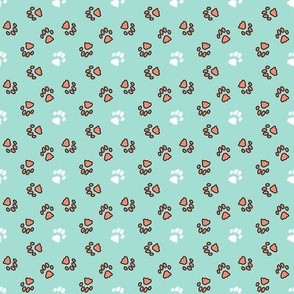 Tiny kitty cat paw prints - coral on mint