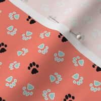 Tiny kitty cat paw prints - mint on coral