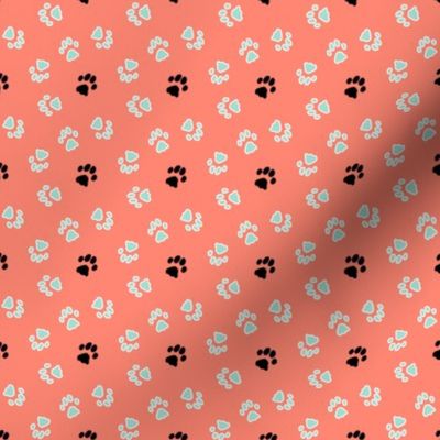 Tiny kitty cat paw prints - mint on coral