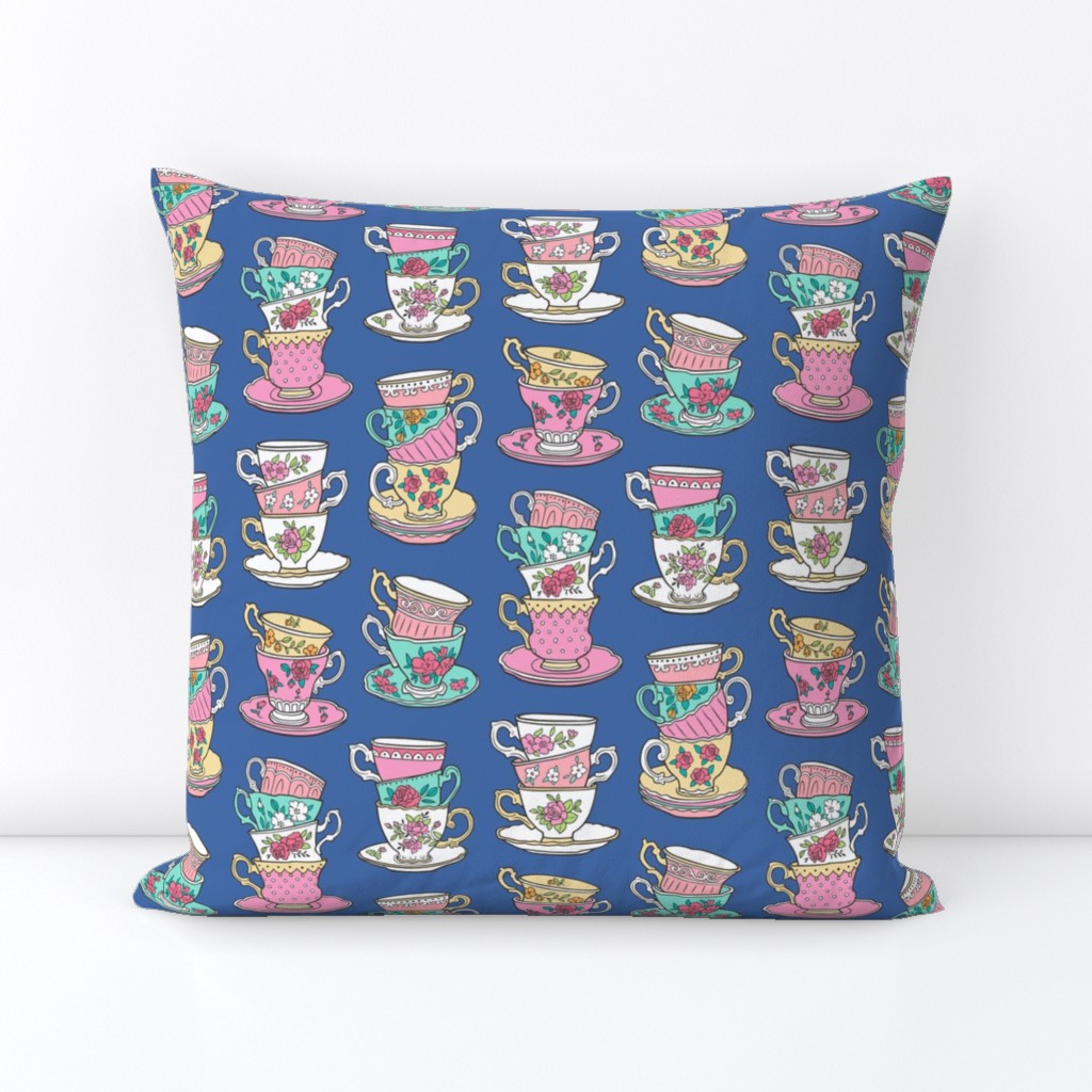 Stacked Tea cups with Vintage Roses Flowers on  Navy Blue