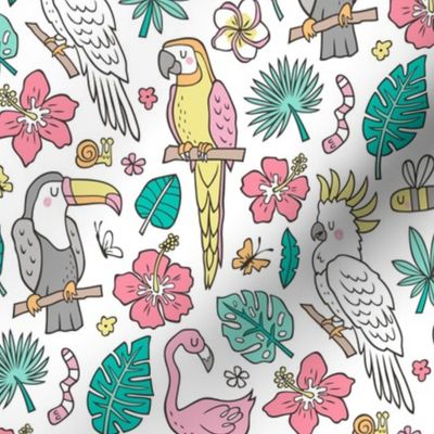 Summer Tropical Jungle Birds Toucan Flamingo and Pink Hibiscus Floral Flowers Leaves Paradise on White