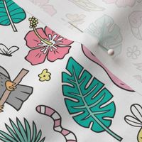 Summer Tropical Jungle Birds Toucan Flamingo and Pink Hibiscus Floral Flowers Leaves Paradise on White
