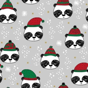 winter panda fabric  // winter holiday christmas design by andrea lauren cute panda fabric - grey and red