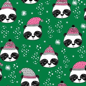 winter panda fabric  // winter holiday christmas design by andrea lauren cute panda fabric - green and pink