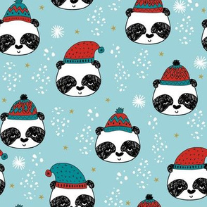 winter panda fabric  // winter holiday christmas design by andrea lauren cute panda fabric - ice blue turquoise