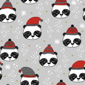 winter panda fabric  // winter holiday christmas design by andrea lauren cute panda fabric - grey
