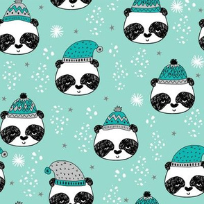 winter panda fabric  // winter holiday christmas design by andrea lauren cute panda fabric - turquoise
