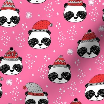 winter panda fabric  // winter holiday christmas design by andrea lauren cute panda fabric - pink and red