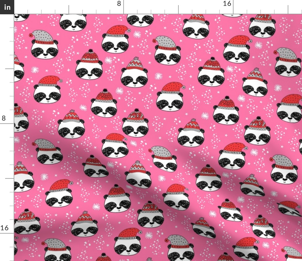 winter panda fabric  // winter holiday christmas design by andrea lauren cute panda fabric - pink and red