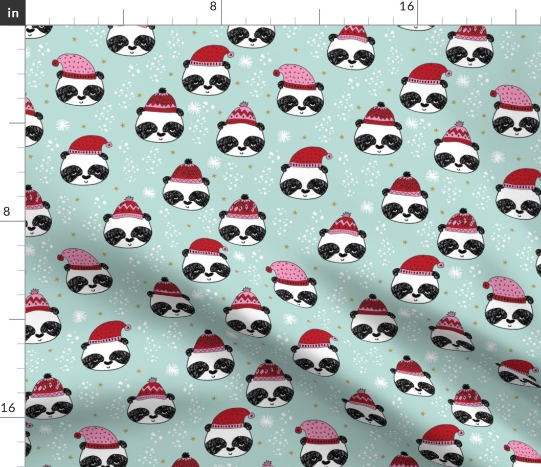 winter panda fabric  // winter holiday christmas design by andrea lauren cute panda fabric - red and pink
