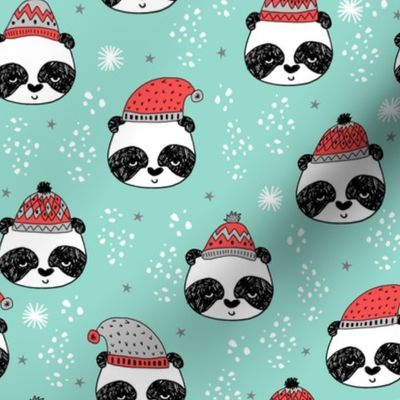 winter panda fabric  // winter holiday christmas design by andrea lauren cute panda fabric - lite blue