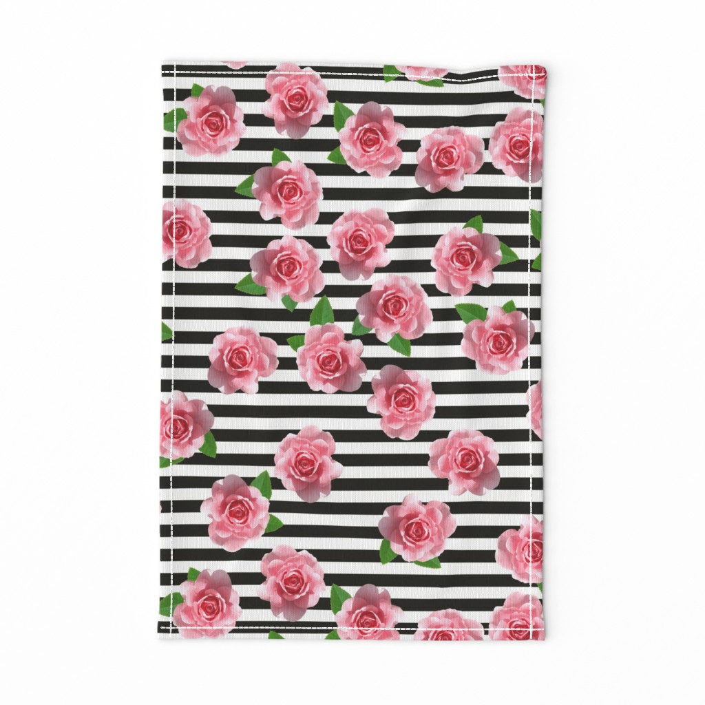 Pink Roses on Black and White Stripes