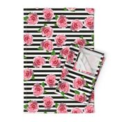 Pink Roses on Black and White Stripes