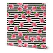 Pink Roses on Black and White Stripes