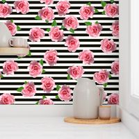 Pink Roses on Black and White Stripes