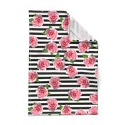 Pink Roses on Black and White Stripes