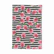 Pink Roses on Black and White Stripes