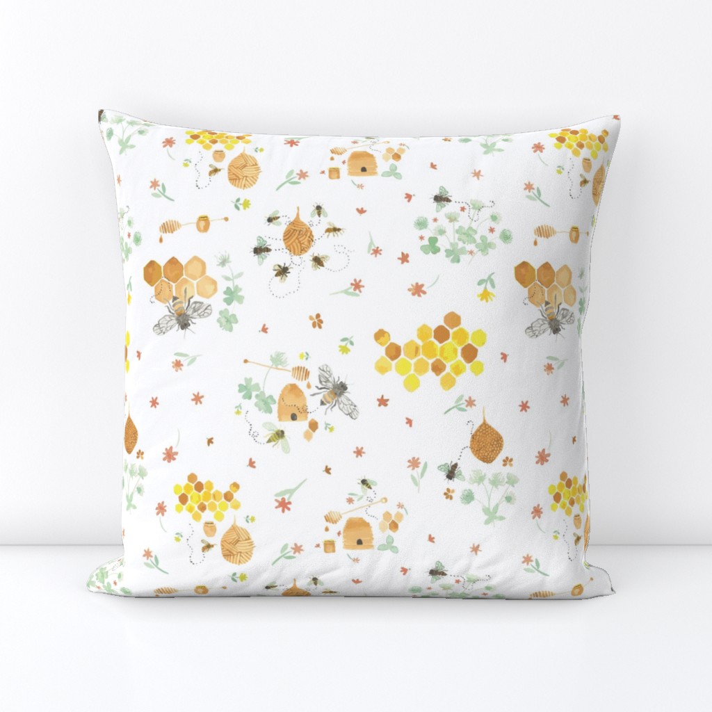 Whimsical Honey Bees on White