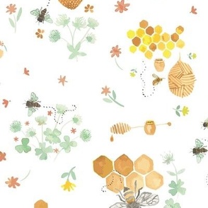 Whimsical Honey Bees on White