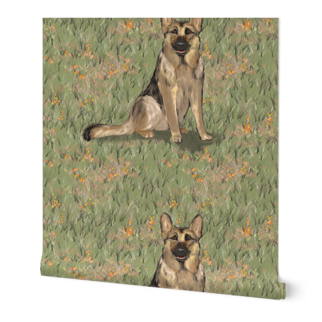 Sitting German Shepherd Dog in Orange Wildflowers for Pillow