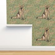 Sitting German Shepherd Dog in Orange Wildflowers for Pillow